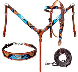 Showman Beaded Turquoise Aztec 4 Piece Headstall and Breastcollar Set